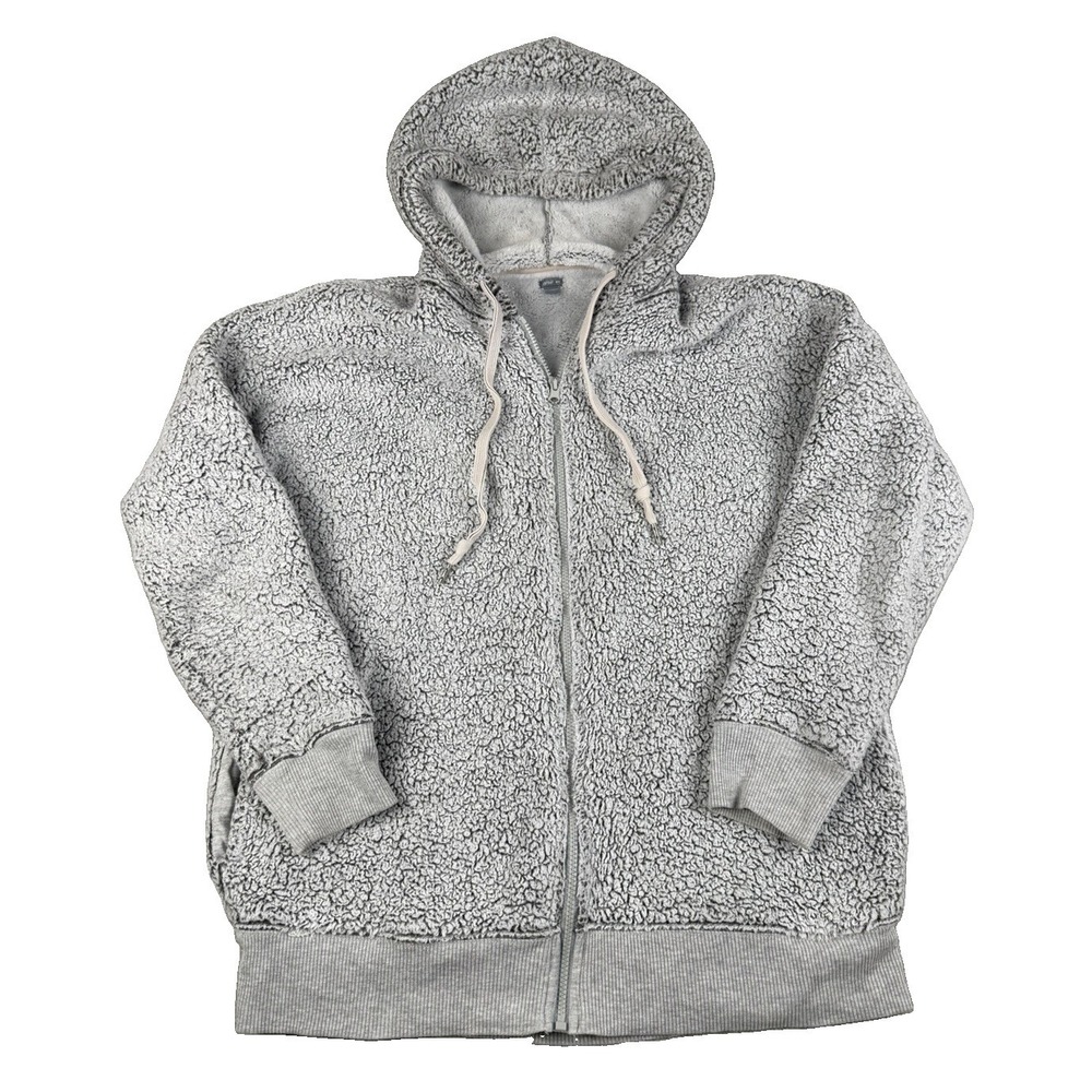 Aerie Womens M Sherpa Fleece Hoodie Gray Full Zip Teddy Fuzzy Jacket